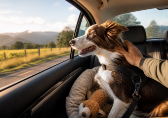 A dog wearing a harness looks out a car window as a person pets it