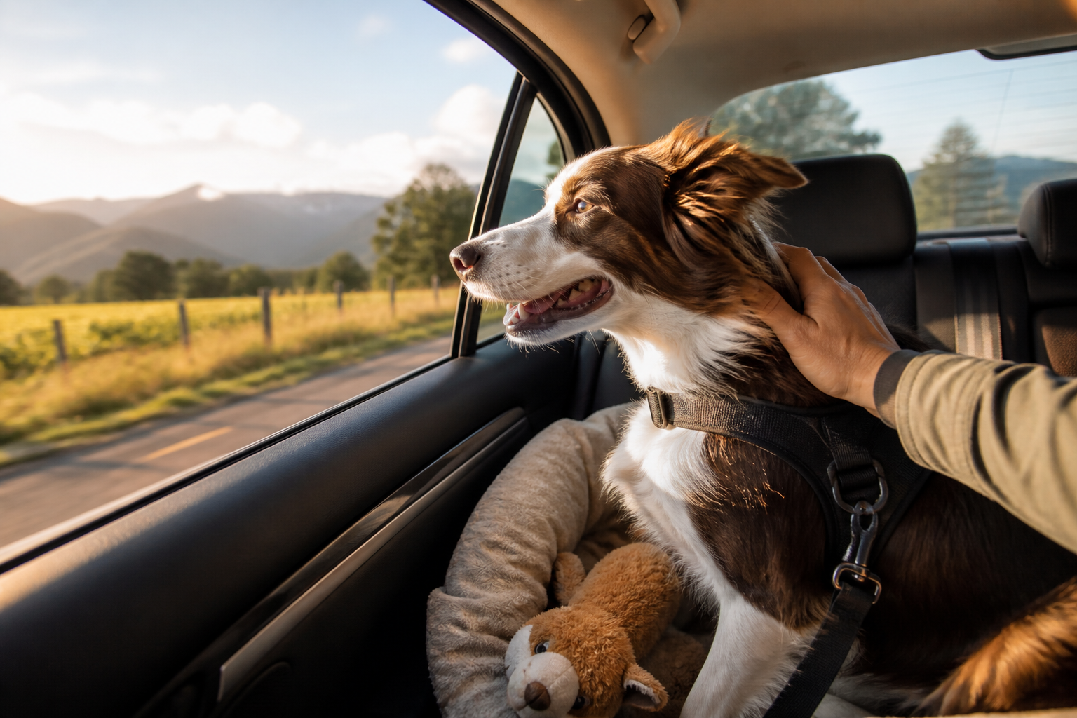 A dog wearing a harness looks out a car window as a person pets it