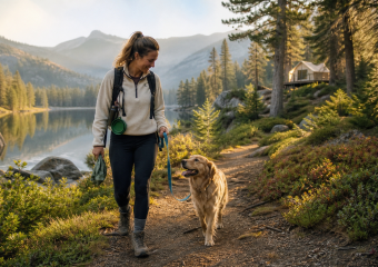 A hiker walks a leashed golden retriever along a mountain lake trail near a cabin