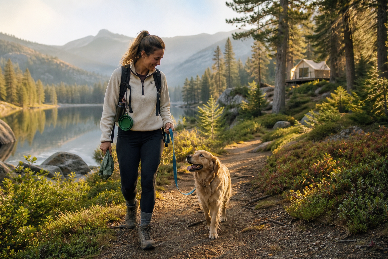 A hiker walks a leashed golden retriever along a mountain lake trail near a cabin