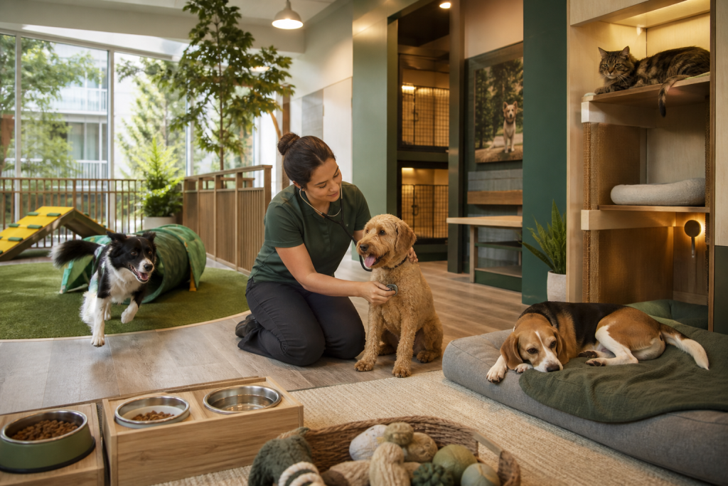 A pet care worker examines a seated dog while other dogs relax in a bright indoor daycare