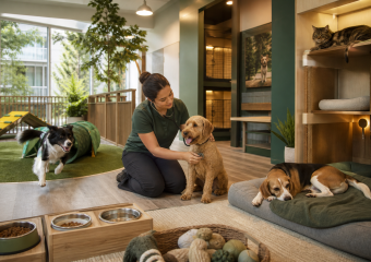 A pet care worker examines a seated dog while other dogs relax in a bright indoor daycare