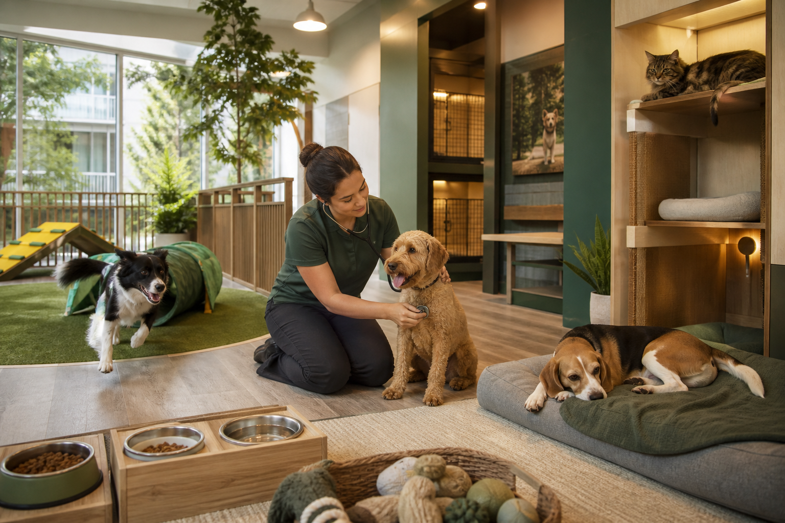 A pet care worker examines a seated dog while other dogs relax in a bright indoor daycare