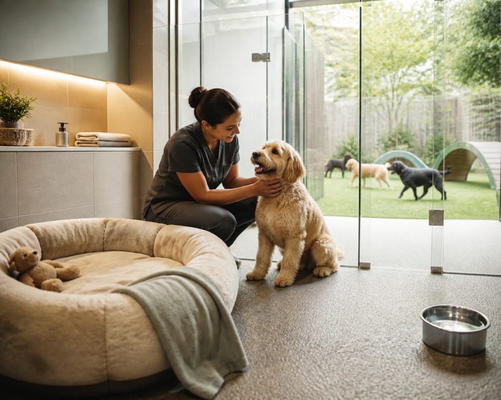 A woman kneels beside a dog in a pet care room, with other dogs visible in an outdoor play area
