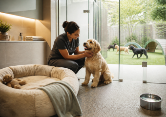 A woman kneels beside a dog in a pet care room, with other dogs visible in an outdoor play area