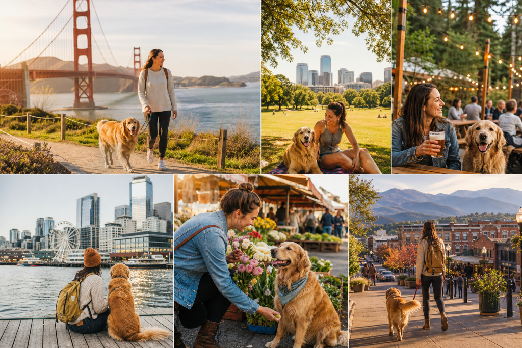 Collage of a woman and golden retriever enjoying outdoor activities in scenic city and urban settings