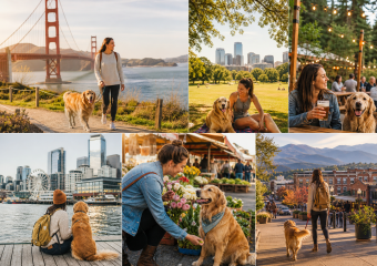 Collage of a woman and golden retriever enjoying outdoor activities in scenic city and urban settings