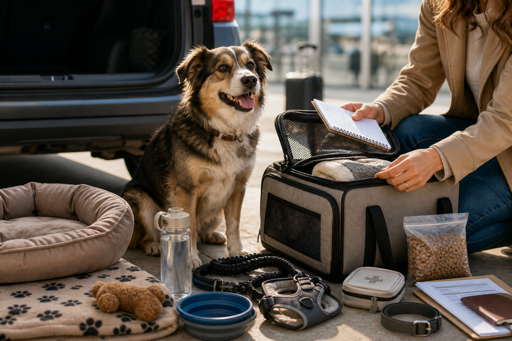 Dog sitting beside packed travel supplies, including a carrier, food, water bottle, leash, bed, and first-aid kit