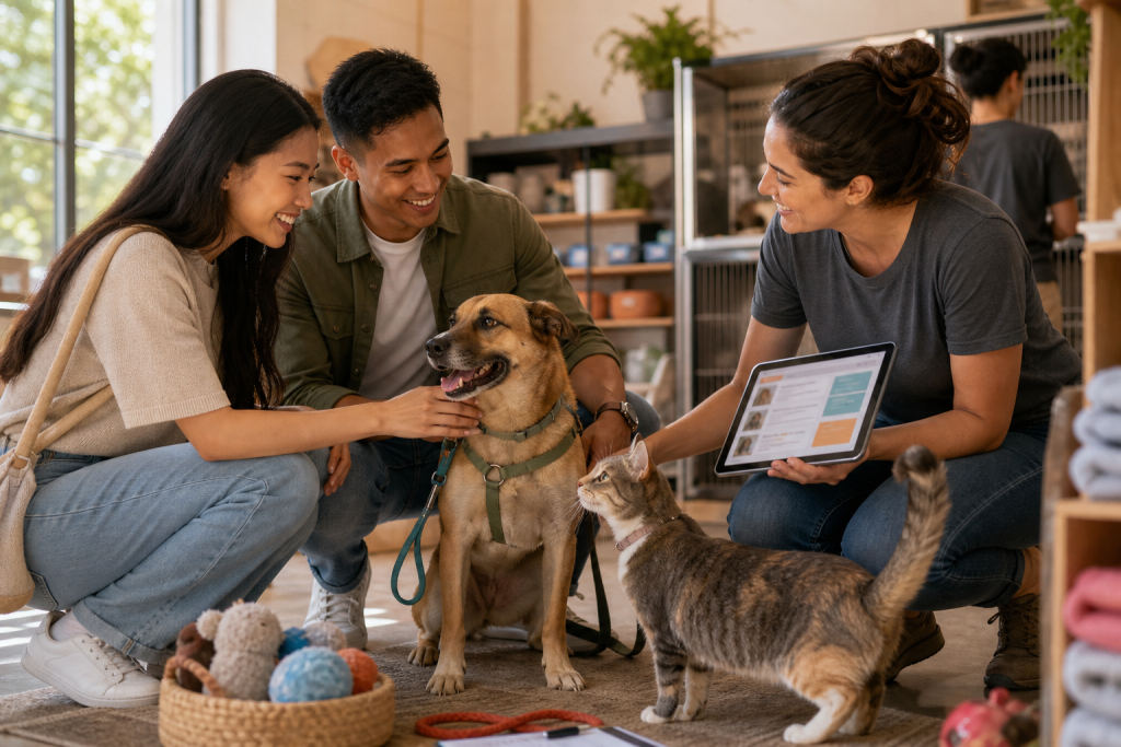 Two people and a staff member interact with a dog and cat in a pet store