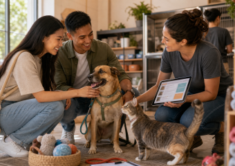 Two people and a staff member interact with a dog and cat in a pet store
