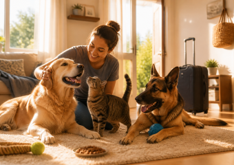 Woman sitting on a rug with a golden retriever, tabby cat, and German shepherd holding a blue ball; a suitcase stands nearby