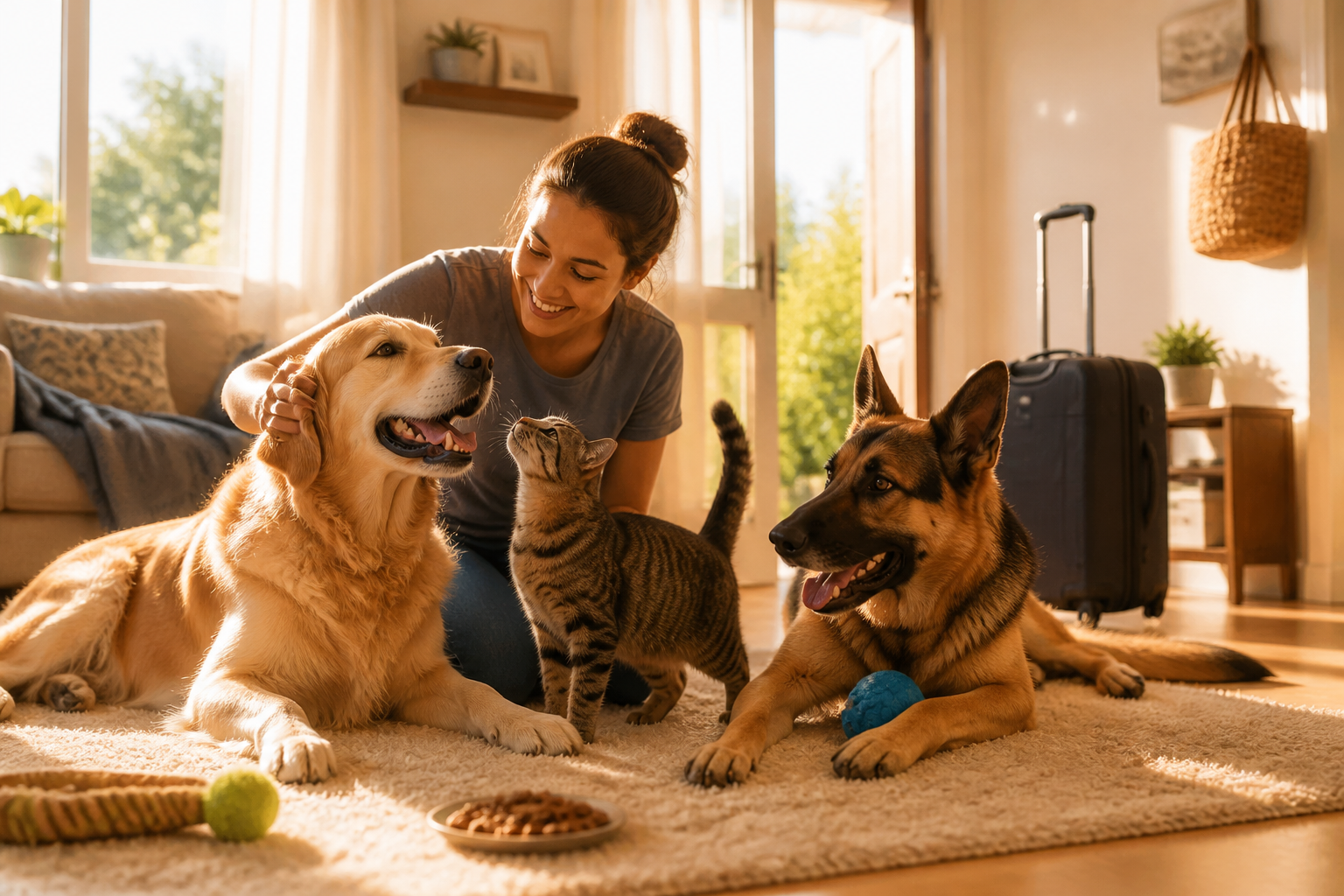 Woman sitting on a rug with a golden retriever, tabby cat, and German shepherd holding a blue ball; a suitcase stands nearby