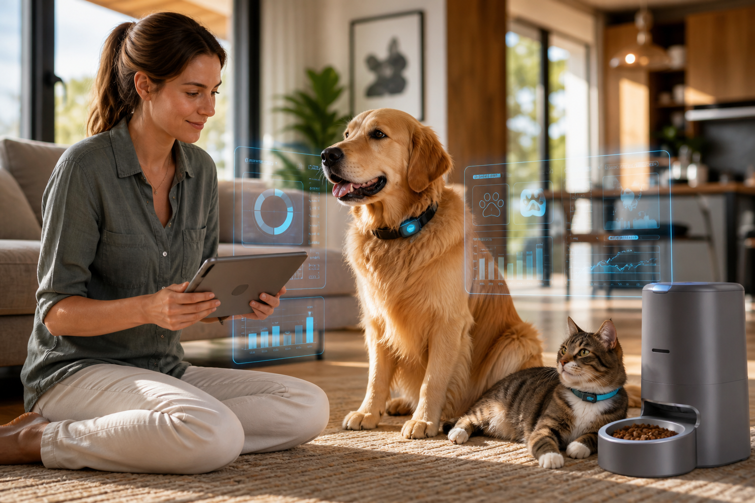 Woman uses a tablet while a dog and cat sit beside a smart pet feeder with holographic data displays