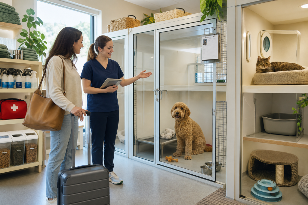 A woman with a suitcase speaks with a veterinary staff member beside kennels holding a dog and cat