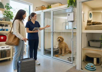 A woman with a suitcase speaks with a veterinary staff member beside kennels holding a dog and cat