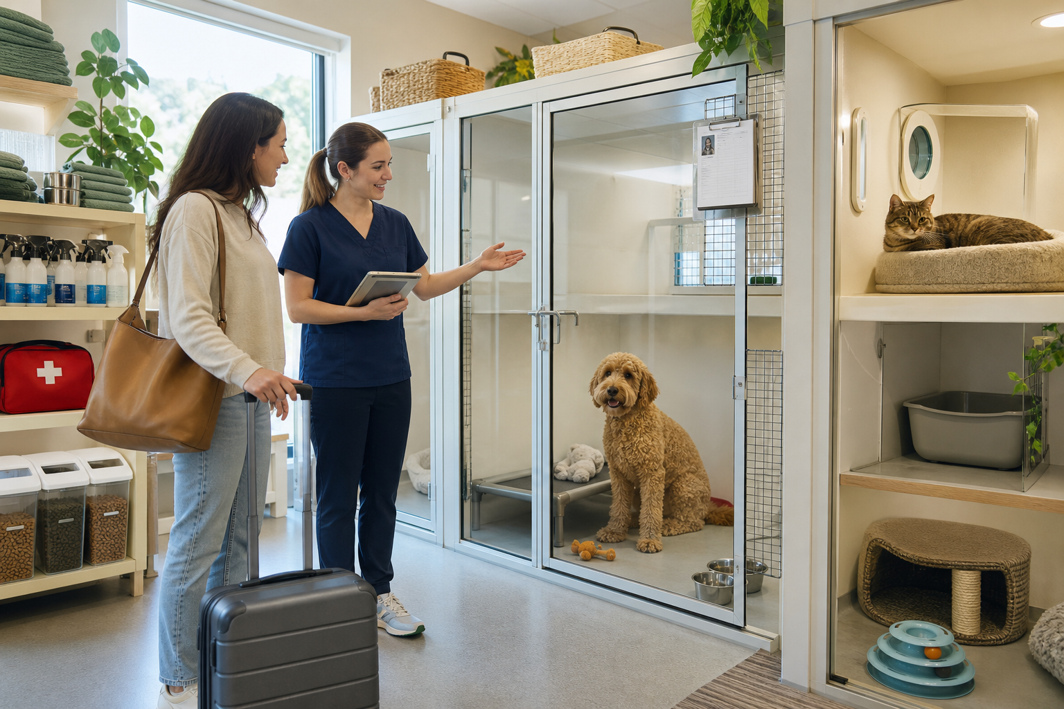 A woman with a suitcase speaks with a veterinary staff member beside kennels holding a dog and cat