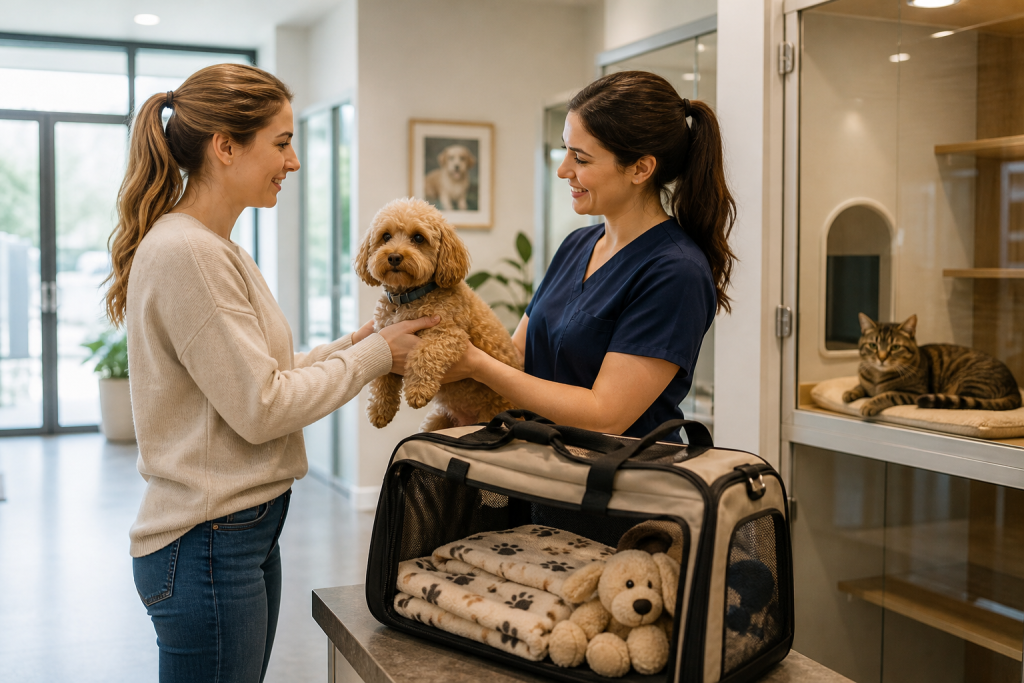 Woman hands a small dog to a veterinary staff member beside a pet carrier in a veterinary clinic