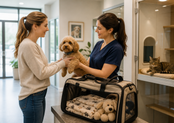 Woman hands a small dog to a veterinary staff member beside a pet carrier in a veterinary clinic